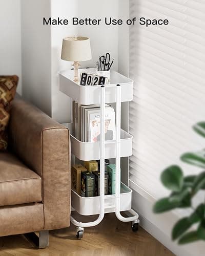 Pipishell 3 Tier Metal Rolling Utility Cart, Heavy-Duty Storage Rolling Cart with 2 Lockable Wheels, Multifunctional Mesh Organization Utility Cart for Kitchen Dining Room Living Room (White) - White - 3 Tier thumbnail 3