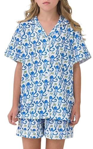 SLPTIMISO Girls Summer Outfit,Kids 2 Piece Button Down Monkey Loungewear Beach Shorts Set Preppy Animals Lounge Pjs - Image 1