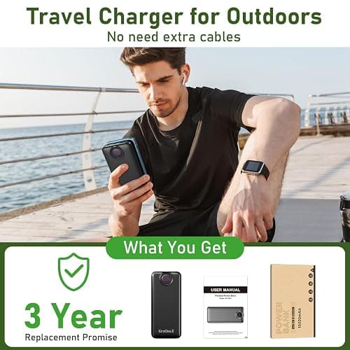 GrnOas.E Power Bank,10000mAh 22.5W Max Portable Charger Built in Cables，4 Outputs 2 Inputs External Phone Powerbank,5V/3A Fast Charging Travel Charger for iPhone Android iPad,(Pearl Black) thumbnail 7