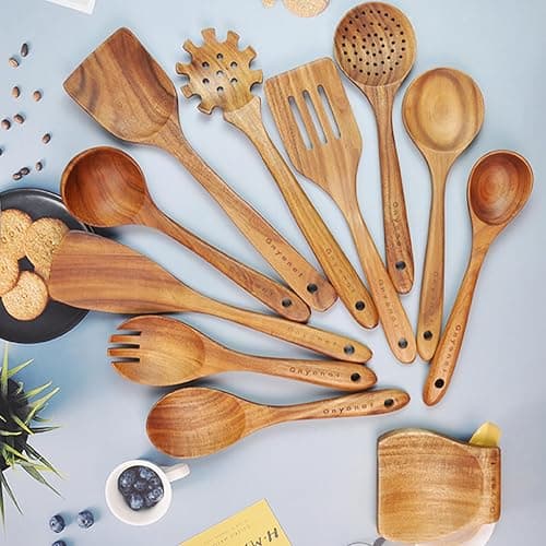 Wooden Spoons for Cooking,11 Pcs Wooden Utensils for Cooking Wooden Kitchen Utensils Set with Holder (11 PCS) thumbnail 4