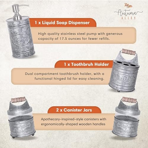 Autumn Alley Rustic Bathroom Accessories Set 4 - Galvanized Soap Dispenser, Rustic Toothbrush Holder, 2 Apothecary Jars Qtip Holder - Western Bathroom Decor – Farmhouse Bathroom Decor Accessories thumbnail 5