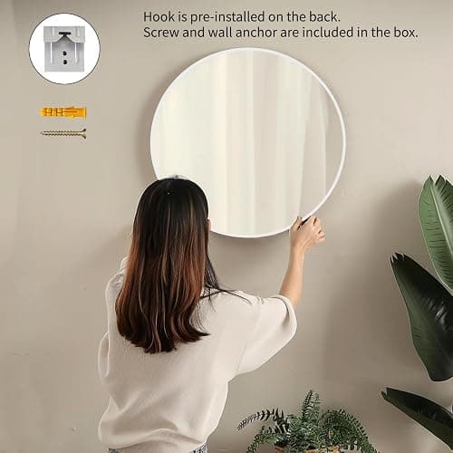 Sunniry White Round Mirror, 24 inch Circle Mirror, Matte White Metal Frame | High Definition Mirror, Waterproof, Sturdy, Circle Mirror for Bathroom, Bedroom, Entryway, Living Room, Wall Décor thumbnail 5