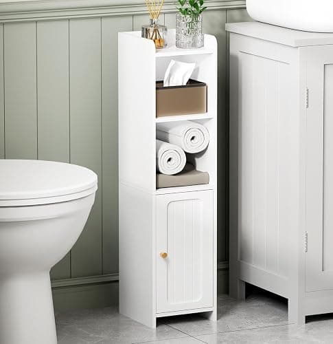 BEWISHOME Small Bathroom Cabinet, Narrow Storage Cabinet with Anti-Tip & Adjustable Shelves,Bathroom Organizers and Storage Cabinets for Small Spaces, 7.9 x 7.9 x 31.5 Inches，White YYG06W thumbnail 6