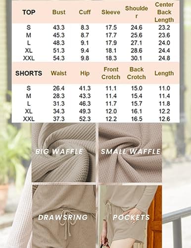 Ekouaer Womens Waffle Knit Pajama Sets Long Sleeve Top and Shorts Matching Lounge Set Loungewear Sweatsuit with Pockets thumbnail 4