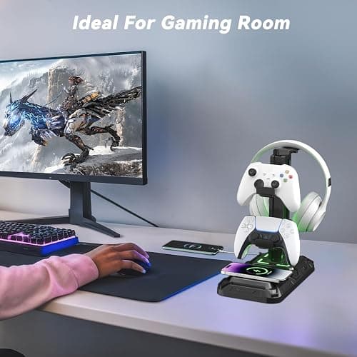KDD Headphone & Controller Stand with Wireless Charging - Rotatable Headset Stand with 9 Light Modes - Controller Holder with 2 USB and Type C Ports - for Gamers Desktop Accessories thumbnail 7