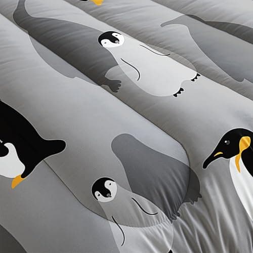 XYNHML Cartoon Penguin Comforter 3Pcs Queen Antarctic Wild Animal Bedding Set for Kid Teen Girl Boy Adult Grey White Black Cute Penguins Wild Safari Quilt Bed Decor with 1 Comforter and 2 Pillowcases thumbnail 5