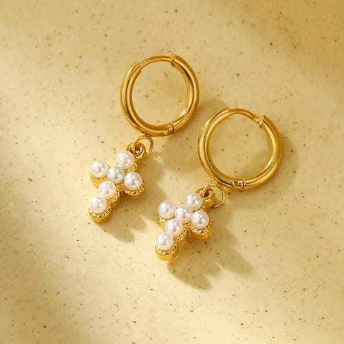 Pearl Cross Earrings for Women Dainty Gold Huggie Hoop Cross Drop Earrings Gold Statement Jewelry Accessories for Party Holiday Outfits Birthday Gifts Trendy Jewelry Gifts thumbnail 2
