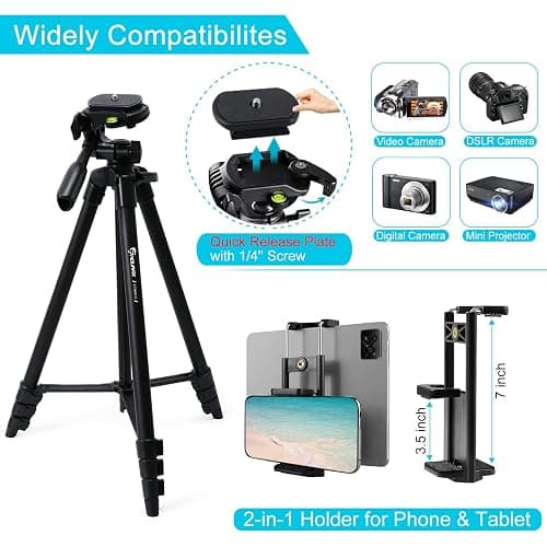 Endurax 60'' Camera Tripod Camera Stand for Canon Rebel Eos Nikon DSLR, Travel Tripods for Phone Tablet with Remote Black thumbnail 2