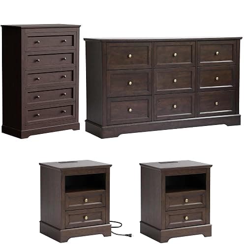 LOUVIXA Farmhouse Bedroom Sets of 4, Including 9 Drawer Dresser, 5 Drawer Dressers and Nightstand Set of 2 with Charging Station (Brown Sets, 4 Pieces) - Image 1