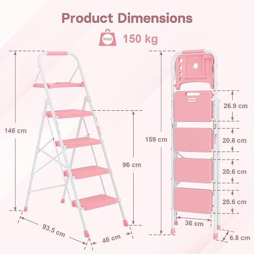 BONTEC 4-Step Ladder, Folding Step Stool, 600lbs Max Load, Pink | Tool Tray, Anti-Slip Pedals, Sturdy Steel, Lightweight Portable Design with Handrail for Home & Work Use thumbnail 3
