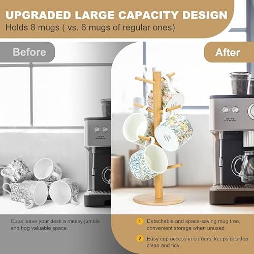 Woevviuy 8 Hooks Large Capacity Mug Holder Tree, Bamboo Mugs Trees for Counter, Detachable Cup Stand Holders Coffee Bar Accessories thumbnail 5