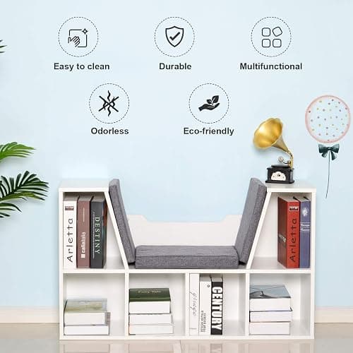 HOMCOM Bookcase Storage Shelf with Cushioned Reading Seat, Cube Bookshelf Organizer for Bedroom Living Room, White - White thumbnail 6