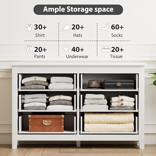 White Dresser, Modern 6 Drawer Double Dresser for Bedroom Adults & Kids with Vintage Gold Handles, Wide Dressers & Chests of Drawers, 6 Drawer Dressers for Hallway, Antique White thumbnail 4