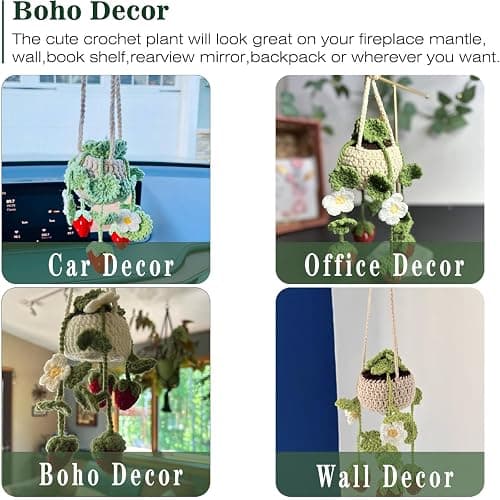 Cute Crochet Plant for Car Rear View Mirror,Boho Handmade Car Mirror Hanging Accessories for Women Girls,Green Interior Aesthetic Decor Truck Hanger Ornament Charm for Men (Red Strawberry Plant) thumbnail 4