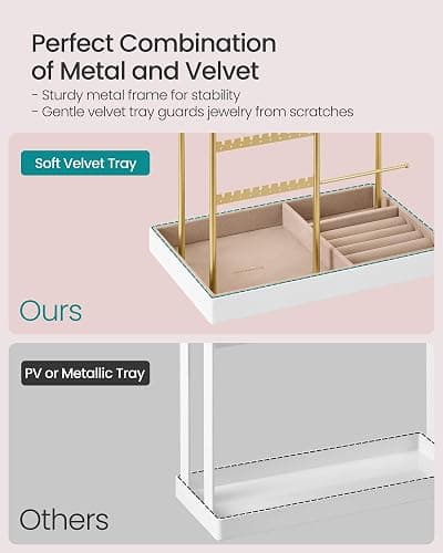 SONGMICS Jewelry Holder, Jewelry Organizer, Jewelry Display Stand with Metal Frame, Velvet Tray, Necklace Earring Bracelet Holder, for Studs, Rings, Christmas Gift, Pale Gold UJJS028A01 thumbnail 6