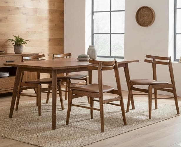 ROCITY Walnut Wooden Dining Chairs Set of 4, Faux Leather Upholstered Seating with Solid Wood Frame and Curved Back, for Dining Room and Restaurant Use, Brown thumbnail 5