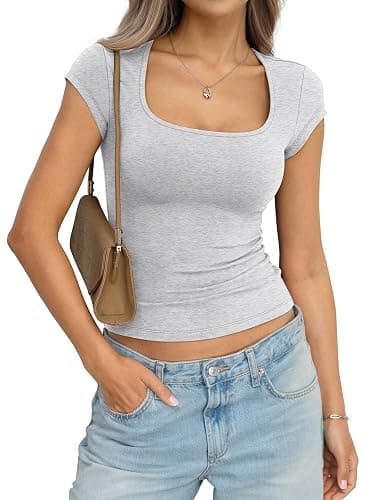 EasyGala Womens Cotton Square Neck Short Sleeve Shirts Slim Fit Cap Sleeve Tops Summer Basic Low Cut Tee Fashion Clothes - Image 1