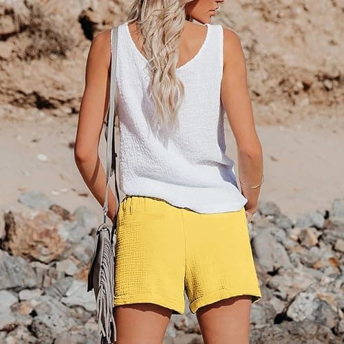 yxlaml Cotton Linen Shorts for Women Plus Size Elastic Waist Drawstring Summer Beach Shorts with Pockets thumbnail 3