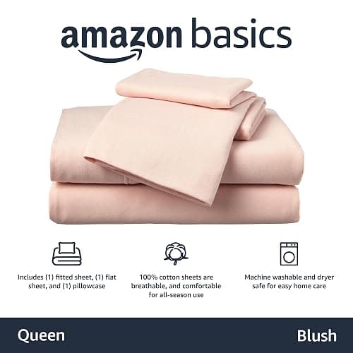 Amazon Basics 4 Piece Breathable 100% Cotton Jersey Knit Bed Sheet Set, Includes Flat and Fitted Sheets, Pillowcase, Queen, Blush thumbnail 2