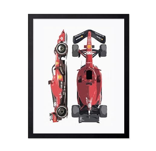 Poster Master Vintage Illustration Poster - Retro Sports Print - Race Car, Leclerc, Sainz, Cars, Driver, Fan - Gift for Athlete, Friend - Wall Decor for Home, Dorm, 8x10 Black Framed - Image 1