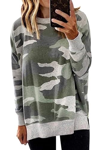 ECOWISH Women Side Split Sweatshirt: Fall Crewneck Long Sleeve Oversized Camo Shirts Casual Camouflage Print Pullover Tops - Image 1