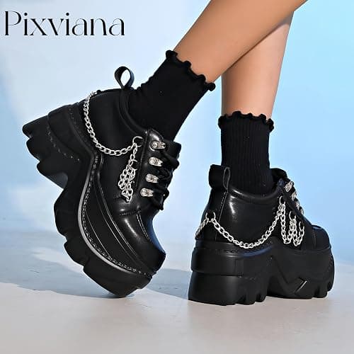 Pixviana Women's Platform Sneakers Fashion Wedge Chunky Black Casual Y2K Bride Wedding Sneaker Heels Platform Shoes for Women with Chains plataformas de Mujer Size 5.5-11 thumbnail 5
