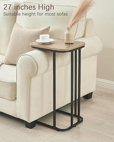 KJGKK C Shaped End Table, 27 Inches High Small Side Table for Sofa and Bed, Couch Table That Slides Under, Tall Tv Tray Table for Living Room, Bedroom, Metal Frame, Greige & Black thumbnail 4