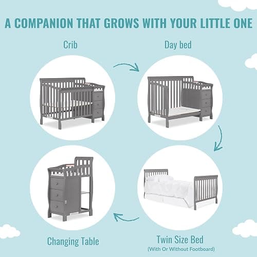 Dream On Me Jayden 4‑in‑1 Mini Convertible Baby Crib & Changer with Storage, Steel Grey, Pinewood, GreenGuard Gold & JPMA, 1” Mattress Pad, 3 Mattress Heights, Converts to Mini Day & Twin-Size Bed thumbnail 6
