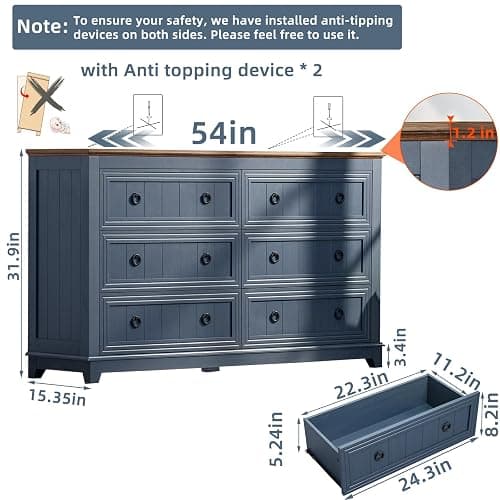 Joaxswe 6 Drawers Dresser for Bedroom, Farmhouse 54 Inch Wide Wood Dresser Chest of Drawers, Vintage Design TV Stand, Rustic Storage Dressers Organizer for Bedroom, Living Room, Hallway - Navy Blue thumbnail 2