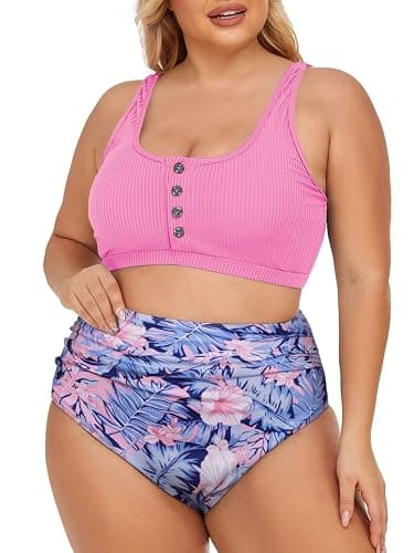 Summer Mae Plus Size Women Ribbed Bikini Set Two Piece High Waist Swimsuit Scoop Top Tummy Control Bathing Suit Swimwear - 22 Plus - Peach Blossoms - Image 1