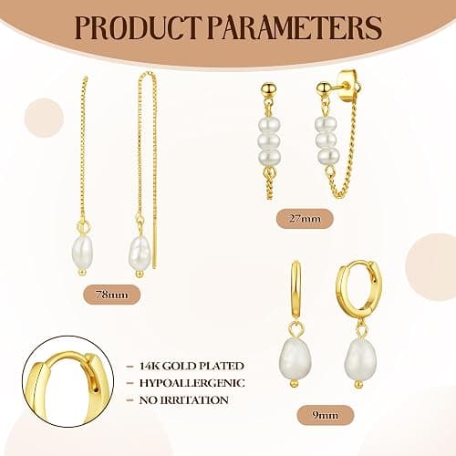 Turandoss Pearl Earrings Set for Women Trendy Dainty Pearl Dangle Hoop Earrings Mismatched Threader & Stud Earrings Stack 14K Gold Plated Jewelry Multiple Piercings thumbnail 3