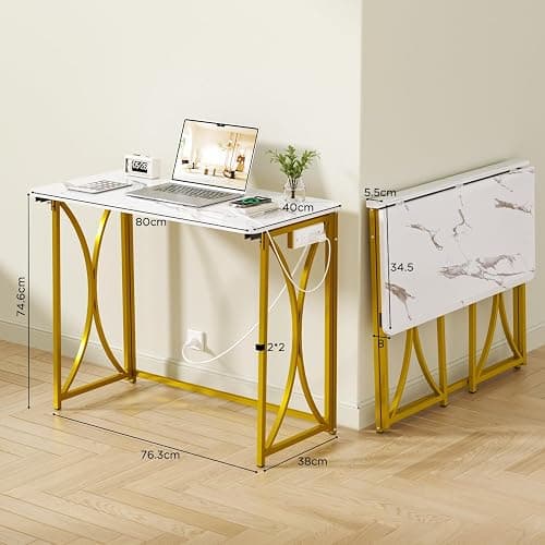 coeztt Folding Desk, 31.5" Small Desk for Bedroom with Power Outlet, Space Saving Foldable Computer Desk for Home Office, Easy Assembly, White and Gold thumbnail 3