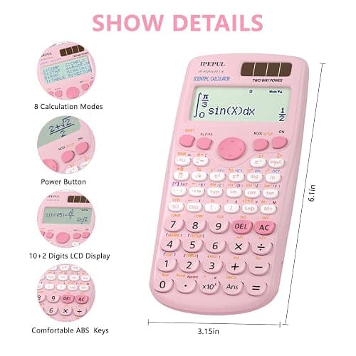 Scientific Calculators, IPepul Pink Math Calculator with 417 Function | Solar Battery Power and 4-Line Display, School Supplies for Middle High College Students Teachers (Pink) thumbnail 2