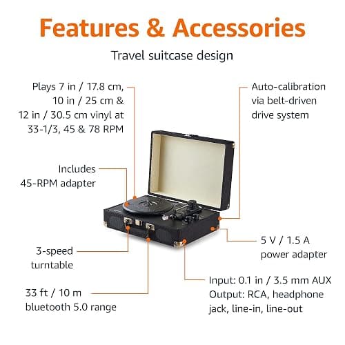 Amazon Basics Portable Suitcase Vinyl Turntable Record Player with Built-in Stereo Speakers, Belt Drive, 3-Speed, Bluetooth Playback, Black thumbnail 2