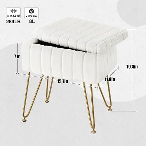 Greenstell Vanity Stool Chair Faux Fur with Storage, 15.7"L x 11.8"W x 19.4"H Soft Ottoman 4 Metal Legs with Anti-Slip Feet, Furry Padded Seat, Modern Multifunctional Chairs for Makeup, Bedroom White thumbnail 3