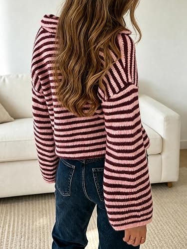 Saodimallsu Womens Striped Zip Up Sweaters Mock Neck 2026 Fall Trendy Casual Long Sleeve Loose Fit Knit Cardigan Tops thumbnail 6