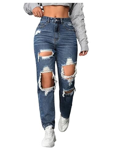 Floerns Women's High Waisted Distressed Jeans Straight Leg Casual Ripped Denim Pants - Image 1
