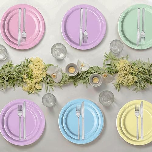Oigco 60 PCS Pastel Paper Plates and Napkins, Pastel Party Decorations, Rainbow Paper Plates for Colorful Birthday Baby Shower Wedding thumbnail 6