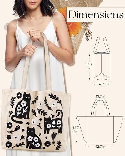 Miss Adola Embroidery Canvas Tote Bag for Women - Reusable Totes with Pocket & Buckle Aesthetic Cute Grocery Shoulder Bag thumbnail 5