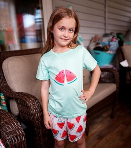 uideazone Girls Pajamas 3 Piece Set Cute Sleepwear Short Sleeve Shirt Pants Shorts Pjs Set 7-14 Years thumbnail 4