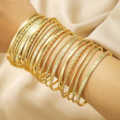 RINTOLER 16Pcs Gold Bangle Bracelets for Women - Multi Layer Stackable Textured Bracelets Boho Jewelrys Set. thumbnail 2