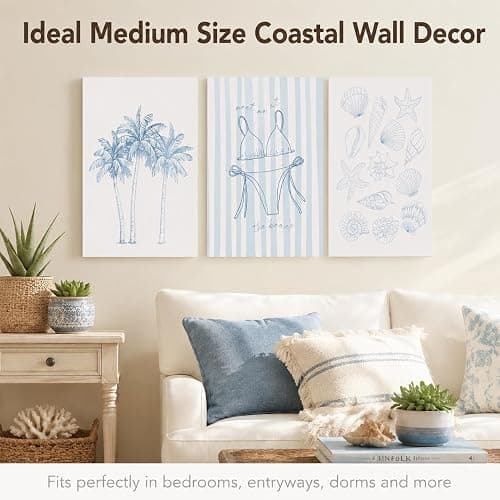 3Pcs Blue Coastal Unframed Canvas Wall Art, Preppy Beach Summer Decor | Palm Tree & Bikini Seashell Line Art, Minimal Nautical Theme, Flexible Frame, for Hallway, Bedroom & Living Room Decor thumbnail 8