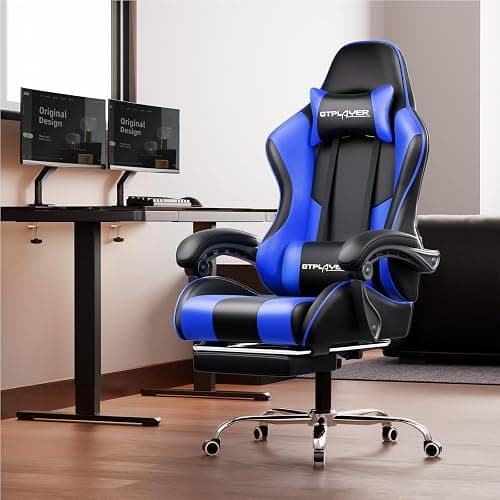 GTPLAYER Gaming Chair, Computer Chair with Footrest and Lumbar Support, Height Adjustable Game Chair with 360°-Swivel Seat and Headrest and for Office or Gaming (Faux Leather, Blue) thumbnail 2