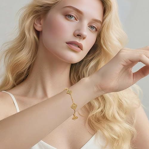 FidelongJH Four Leaf Clover Bracelet for Women 18K Gold Plated Stainless Steel Lucky 4 Leaf Gold Link Bracelet Trendy Jewelry Gift for Women thumbnail 6