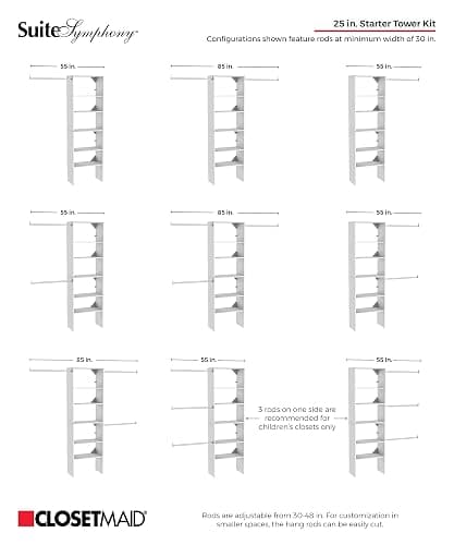 ClosetMaid SuiteSymphony Wood Closet Organizer Starter Kit Tower and 3 Hang Rods, Shelves, Adjustable, Fits Spaces 5 – 10 ft. Wide, Pure White, 25" thumbnail 5