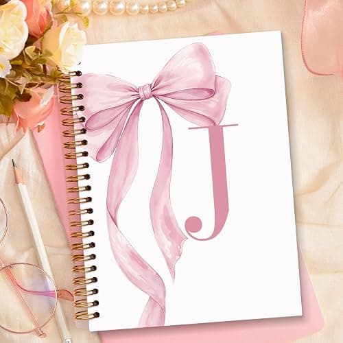 JXREQ Coquette Pink Bow Personalized Notebook, Initial Letter J Monogram Journal, Preppy Girly Ribbon Bow Journal, Monogrammed Gifts for Women, Aesthetic Spiral Notebook 5.5x8.3 thumbnail 5