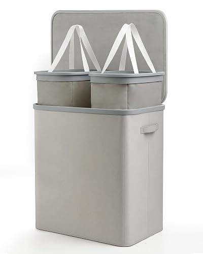 Keplin Collapsible Double Laundry Basket with Lid & Removable Liner – 150L 2-Compartment Clothes Sorter, Fabric Laundry Hamper with Handles, Easy Assembly, Stylish Storage for Home, 56x40x67cm, Grey - Image 1