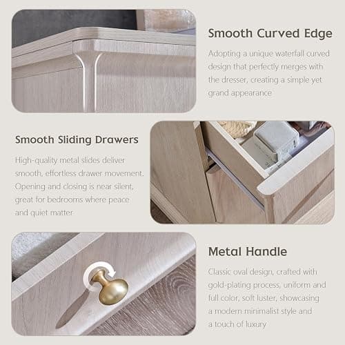 ALLTUFO Modern 8 Drawers Dresser for Bedroom, 55" Wide Wood Dressers & Chests of Drawers w/Curved Waterfall Edge, Large Storage Dressers Organizer w/Metal Handle for Bedroom, Cream thumbnail 6