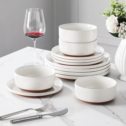 MALACASA Plates and Bowls Sets, 12 Pieces Modern Stoneware Dinnerware Set for 4 Kitchen Dinner Set Ceramic Dishware Dishes Set Microwave and Dishwasher Safe, White, Series TARA thumbnail 7