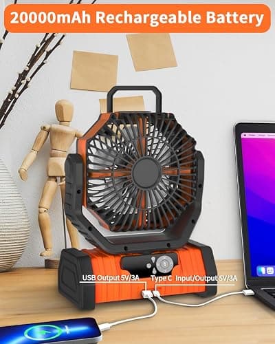 ADUST Camping Fan - 20000mAh Battery Powered Fan Battery Operated Rechargeable Portable Outdoor Tent Fans with Hanging Hook, Cordless, 4 Speeds, Remote Control - Orange thumbnail 7